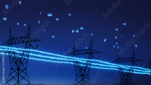 High voltage electric transmission tower with glowing lightning line, electrical power transmit through wire to city and house, electricity price bill rise due to energy crisis concept 3d rendering photo