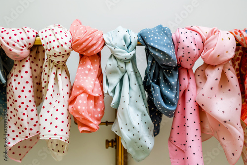 a variety of polkadotted spring scarves on a brass rack photo