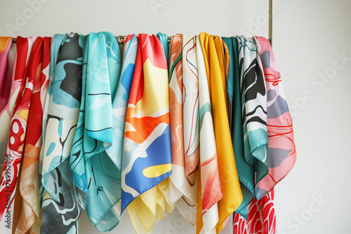 a cluster of scarves featuring abstract designs on a vertical hanger photo
