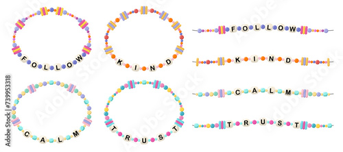 Collection of vector jewelry, children's ornaments. Bracelet of handmade plastic beads. Set of bright colorful braided bracelets with letters from words follow, kind, calm, trust