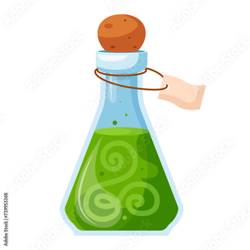 Illustration of cartoon flasks with potion. Game potion. Magic phials 2D game UI icon asset, magic bottles for witchcraft, cartoon elixir, love potion poison and antidote.