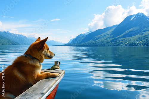 Fotografia dog at boats prow with lake and mountains in distance