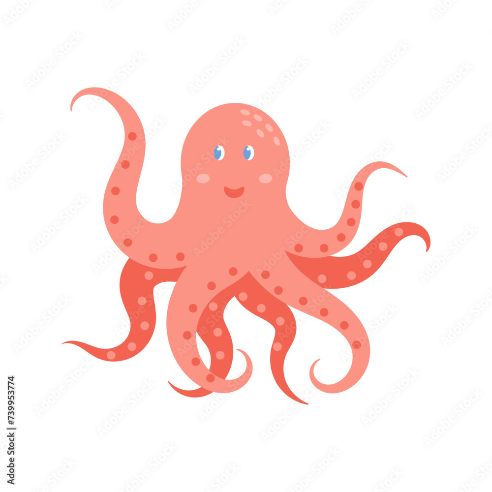 Cute pink octopus. Sea and ocean animal. Underwater life. Children's Vector illustration isolated on white background Cute pink octopus. Sea and ocean animal. Underwater life. Children's Vector illustration isolated on white background