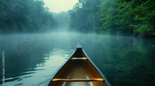 Canoeing through misty morning rivers a peaceful retreat into nature photo