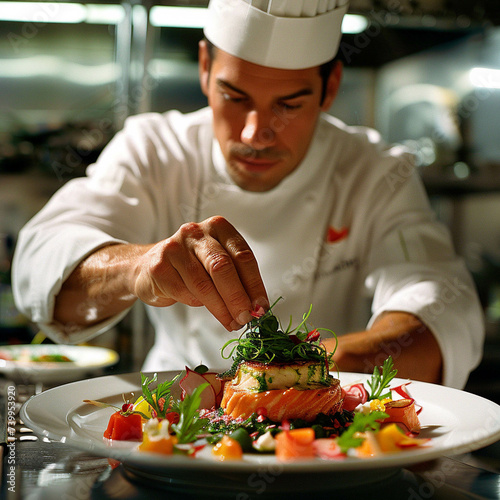 Close view of a chef garnishing a dish culinary artistry photo