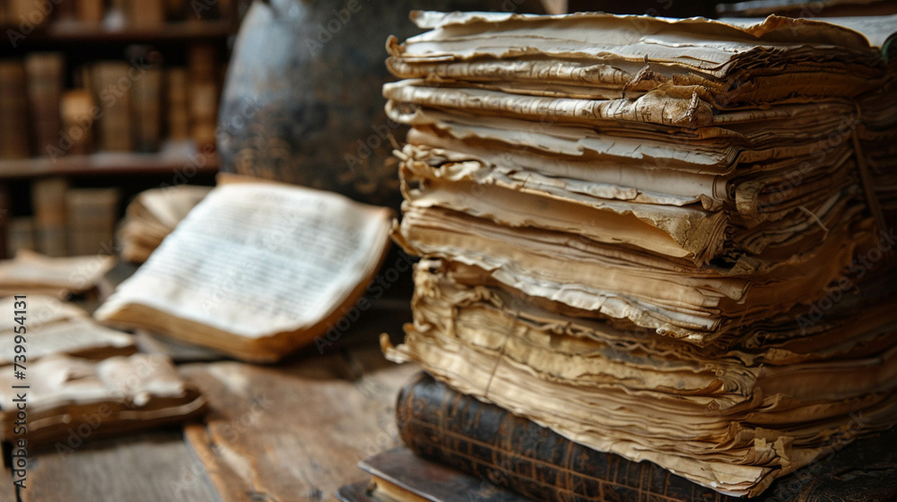 Detail of an ancient manuscript preserving history and knowledge - obrazy, fototapety, plakaty 