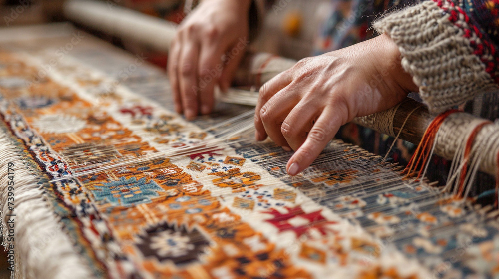 Detail of hands weaving textile on a loom tradition meets modern design Detail of hands weaving textile on a loom tradition meets modern design