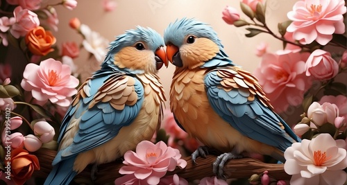 Showcase the beauty of love birds amidst a bed of blossoming flowers, with a focus on the ultra-realistic rendering of their plumage and the delicate nuances of their interactions-Ai Generative