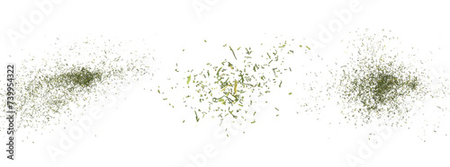 Set dry, chopped green dill leaves, pile isolated on white background and texture, top view
