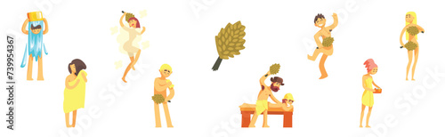 People Character Bathing in Sauna and Spa Vector Set