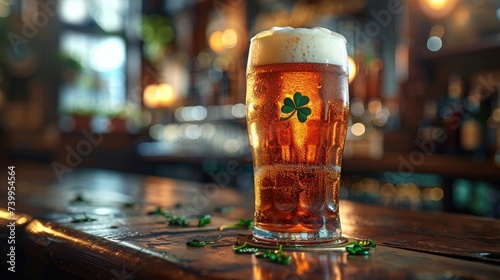 Modern and trendy Saint Patrick's Day featuring a stylized pint of foamy beer with a clover-shaped foam topper. photo
