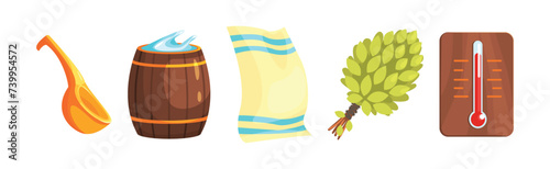 Sauna and Bath Object and Equipment with Wooden Tub Vector Set