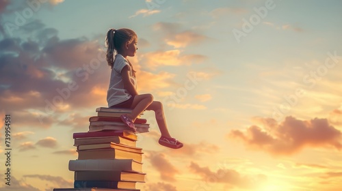 Back to school! Happy cute industrious child flying on the book on background of sunset sky. Concept of education and reading. The development of the imagination. photo