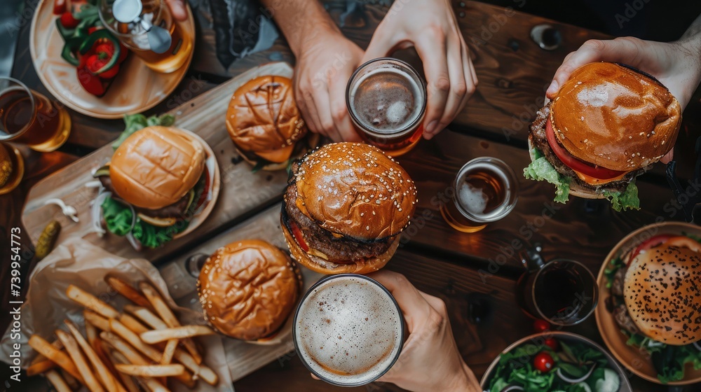 beer and burgers on wooden table