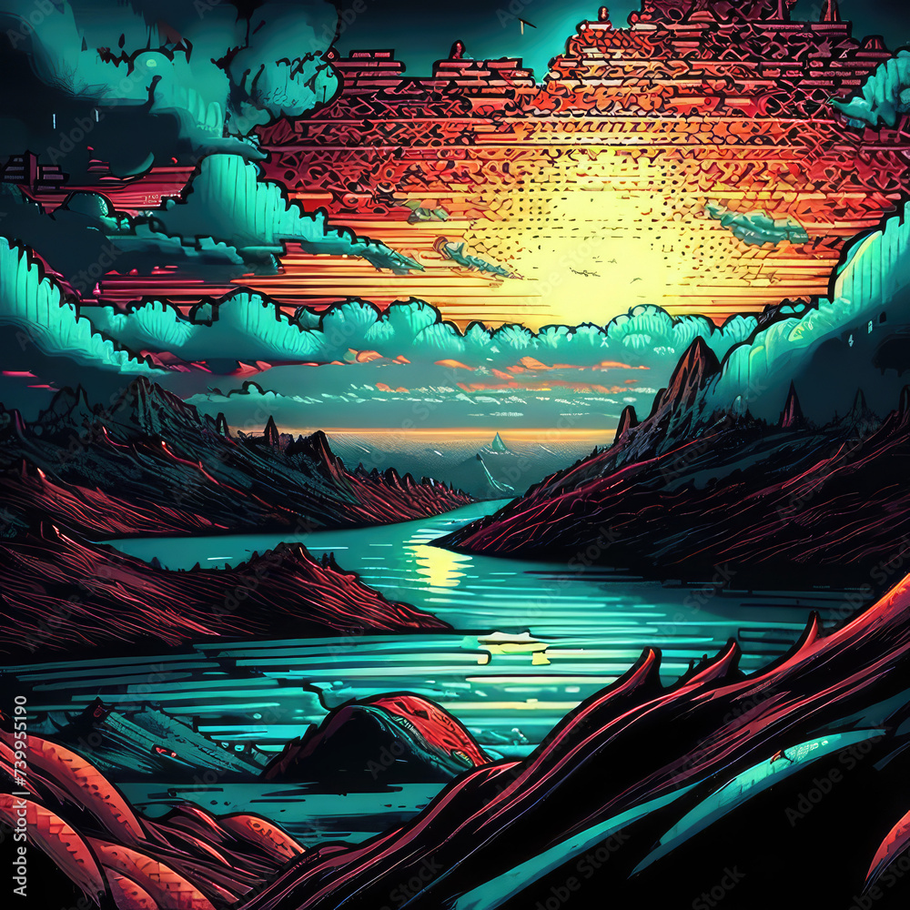 Abstract Colorful Mountain Sunset Illustration for Design Generative AI