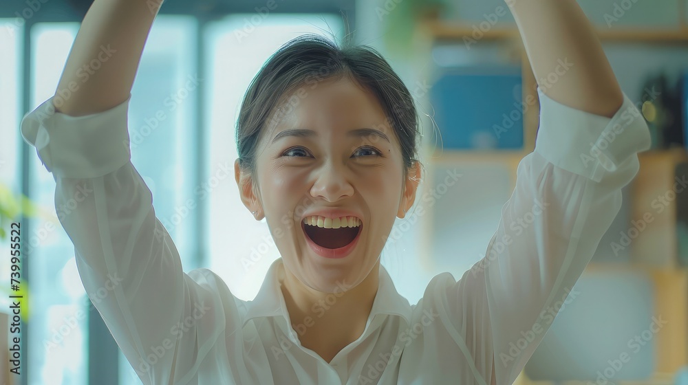 Excited young asian business woman celebrating successful financial project results, attracting important corporate client, dream goal achievement. Euphoric employee got increased salary or promotion.
