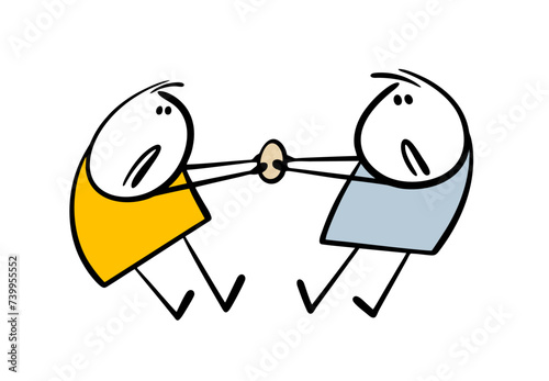 Two funny children have grabbed an Easter egg and are pulling at each other. Vector illustration children cannot share prize. Isolated doodle character on white background.