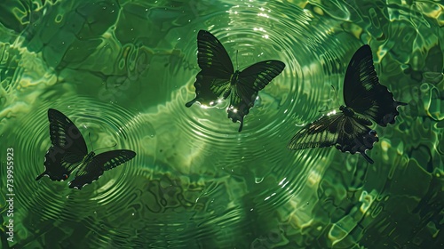 Three butterflies were dancing on the green water, in the style of organic abstractivism photo