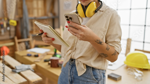 A young woman with tattoos checks her phone in a well-equipped carpentry studio, indicating professional woodworking. photo