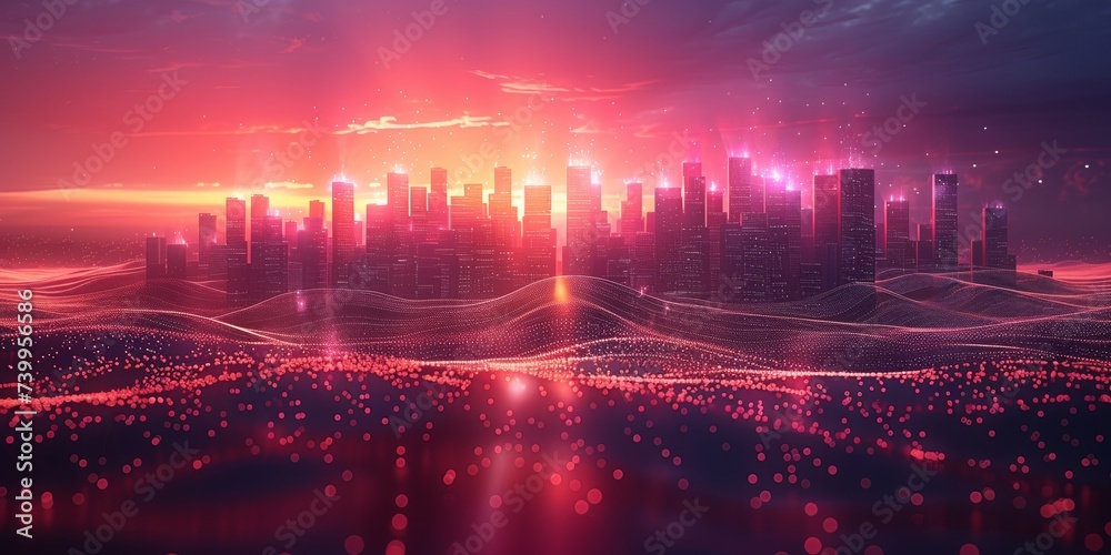 Fototapeta premium Futuristic night cityscape with neon illuminated skyscrapers and digital design elements.