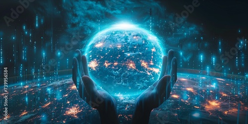 A businessman's hand holds a digital globe, symbolizing global communication and concern for the environment.