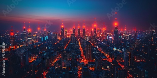 Stunning cityscape with modern skyscrapers illuminated against the night sky.