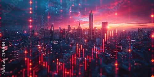 Abstract futuristic city skyline with digital skyscrapers and neon lights  symbolizing technology and business in the urban landscape.