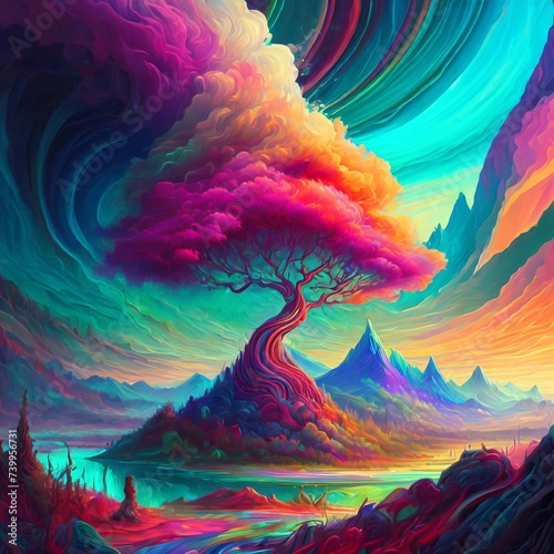 colorful surreal landscape with mountains