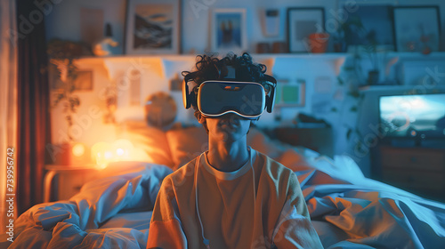 Young man experiencing virtual reality at office. Generative AI
