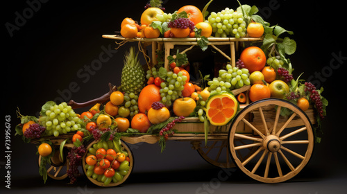  Bountiful Harvest A Vibrant Display of Fresh Fruits and Vegetables in a Colorful Wagon. Generative AI.
