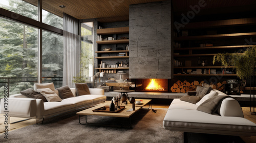 Architecture Digest, Ultra modern luxury living room interior, one floor house in Latvian forest, Francesco binfaré Edra furniture, large fireplace covering side wall, Editorial Style Photo. AI.