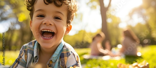 A young boy happily smiles while sitting in the grass during a summer picnic with his family at the park. photo