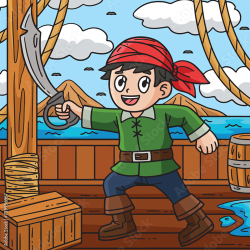 Pirate Holding Cutlass Colored Cartoon 