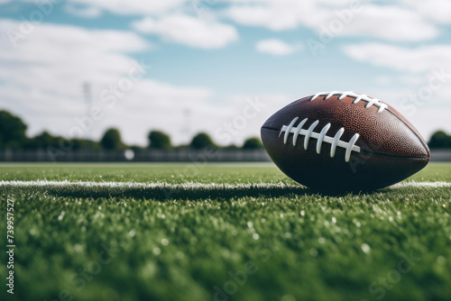 American football ball on green grass against black background.