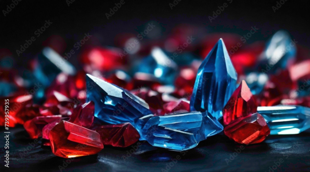 crystals background in transparent red and black color with diamond neckless with crystals in raw form with impure metal abstract background of the crystal   - obrazy, fototapety, plakaty 