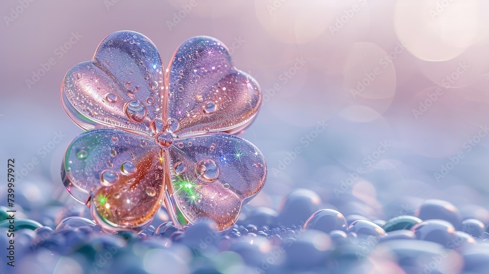 Fototapeta premium Macro shot of iridescent water droplets on floral petals with a dreamy bokeh effect. Serene close-up of dew on flower creating a delicate and magical natural scene.