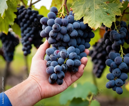  Farmers hands with freshly harvested black grapes