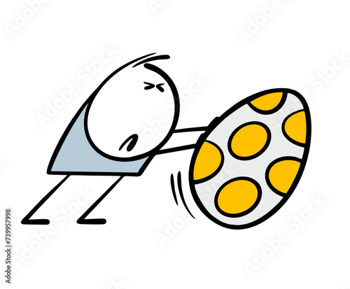 Cartoon tired stickman hardly rolls huge egg on the road for holiday. Vector illustration of child coloring spring traditional Easter decoration. Isolated caricature character on white background.