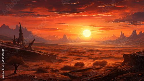 Desert landscape at sunset.