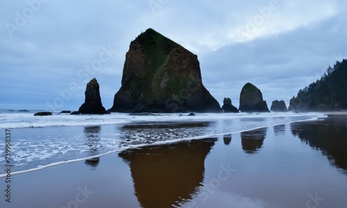 a beach with a rock formation in the distance and a body of water in the foreground Oregon Cannon Beach