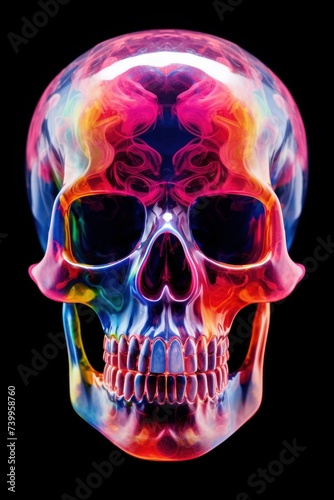A striking art piece featuring a human skull with vibrant neon colors.