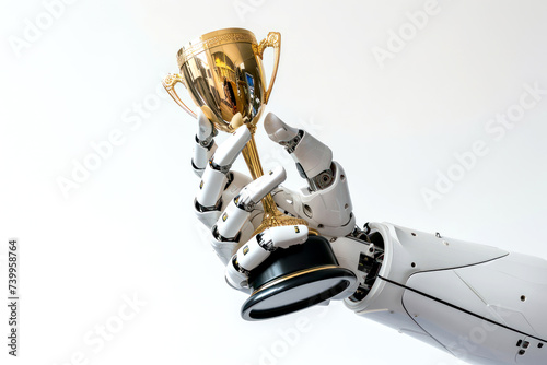 A robotic arm triumphantly holds up a gold trophy cup, symbolizing achievement in technology and robotics.