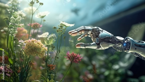 Robot hand reaching for plants in futuristic space, green technology concept