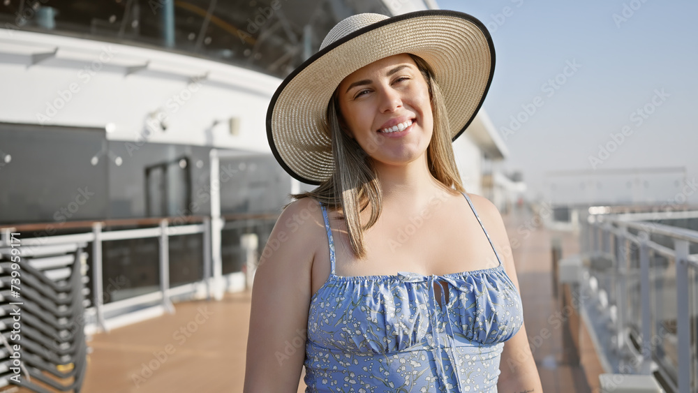 A smiling woman in a sunhat standing on a cruise ship deck against the ocean backdrop.
