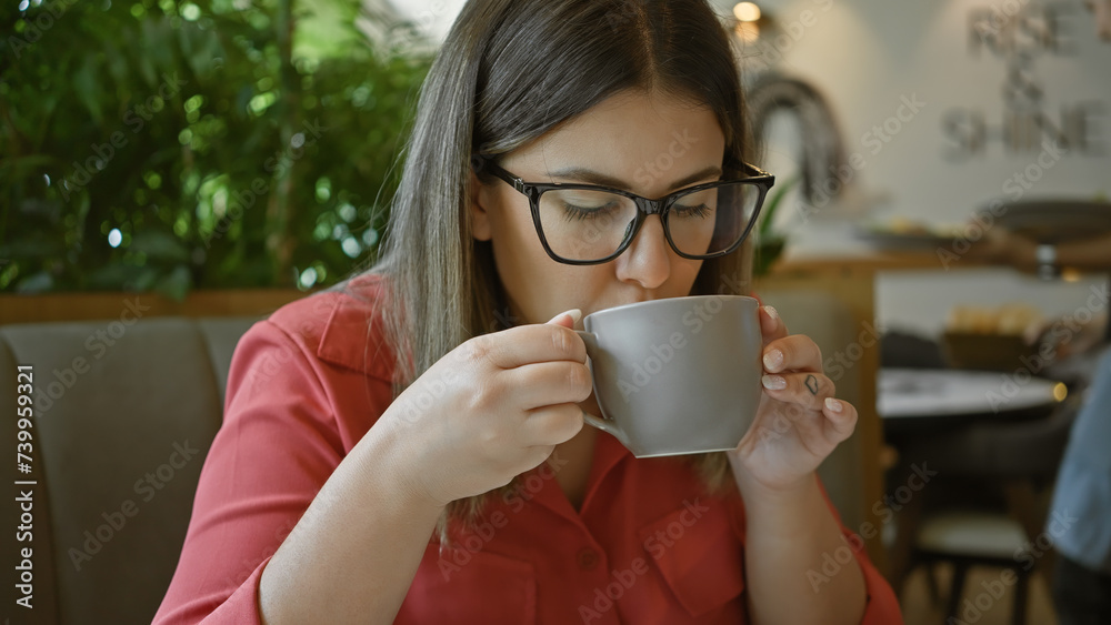 A young brunette woman wearing glasses sips coffee in a bright cafe setting. A young brunette woman wearing glasses sips coffee in a bright cafe setting.