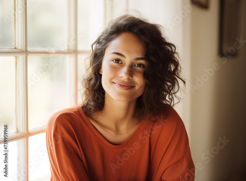A cheerful woman with a smiling face, sitting indoors, radiating happiness and relaxation