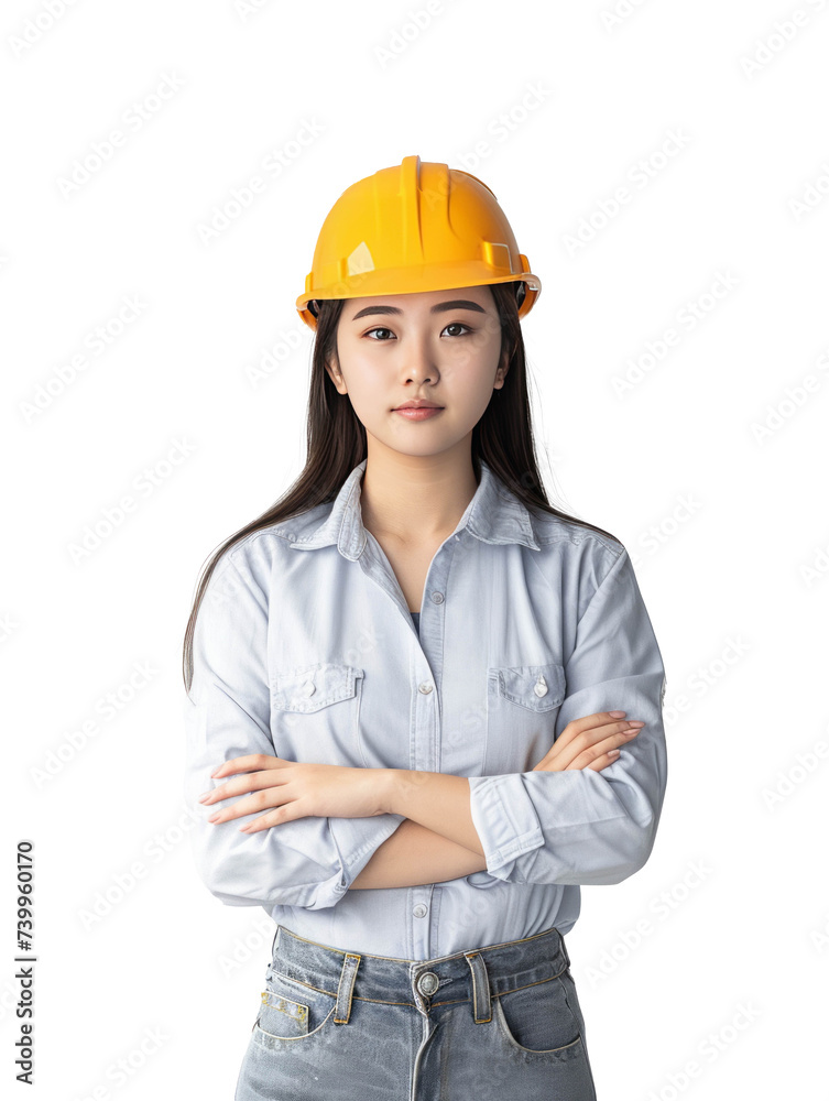 Portrait young female engineer wearing an yellow safety helmet isolated on transparent background Portrait young female engineer wearing an yellow safety helmet isolated on transparent background