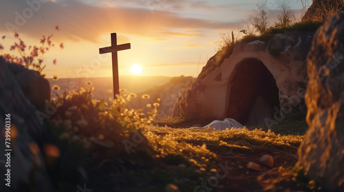 Easter Sunrise Empty Tomb, Shroud Cross Resurrection of Jesus Christ Biblical Symbolism photo