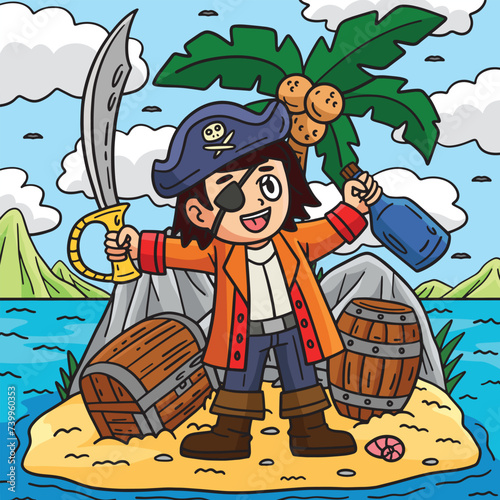 Pirate Captain on an Island Colored Cartoon