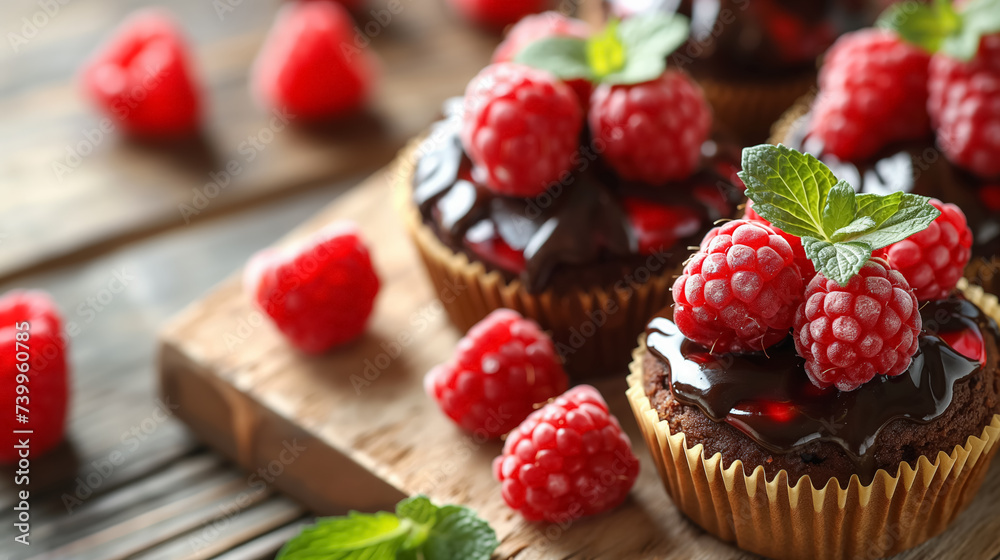 Chocolate tarts with raspberries on wood.
